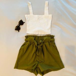 Hunter Green High Waisted Paper Bag Shorts